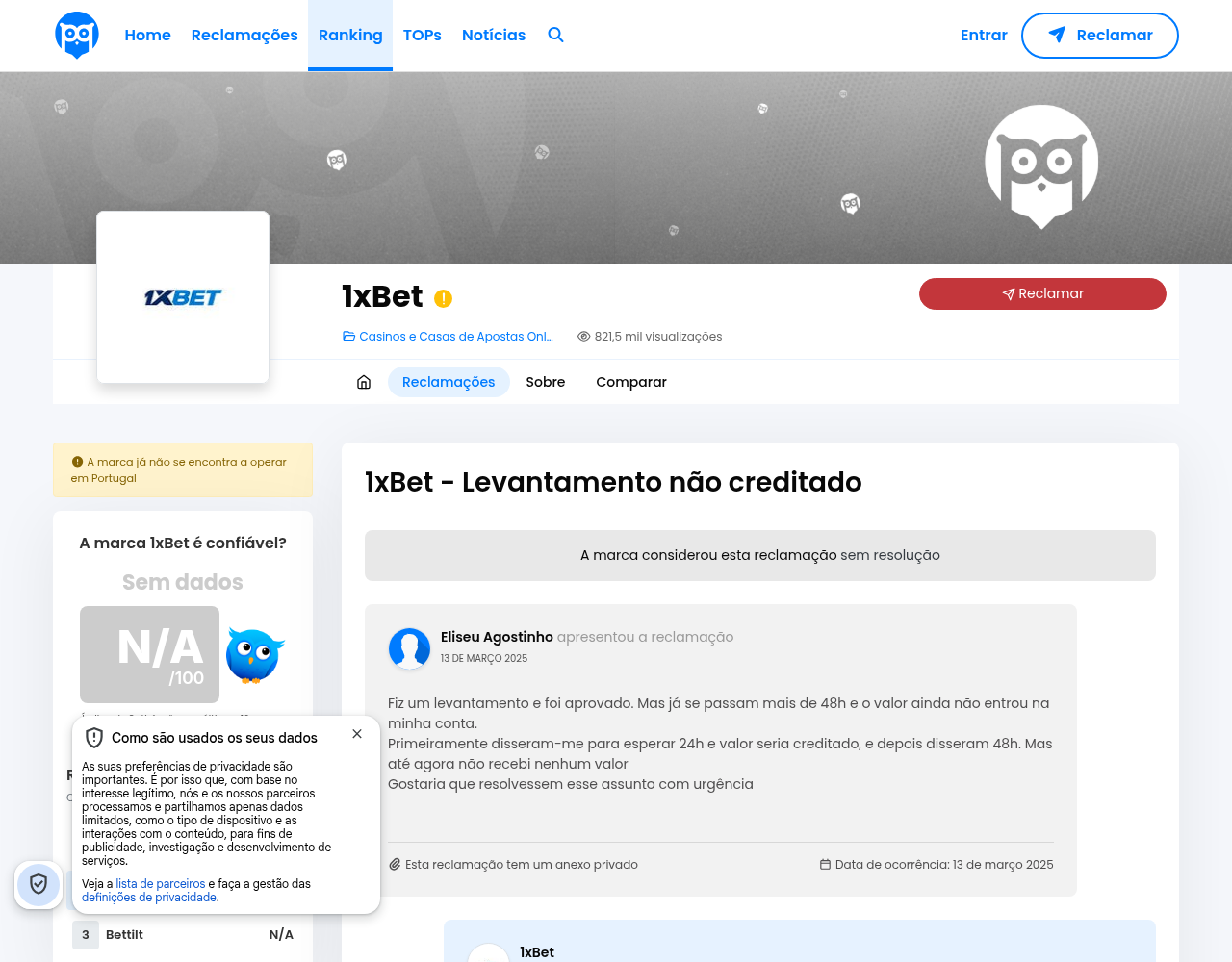Registo contextual de uma reclamação individual sobre levantamento
