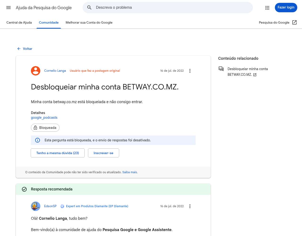 Contexto público sobre bloqueio de conta